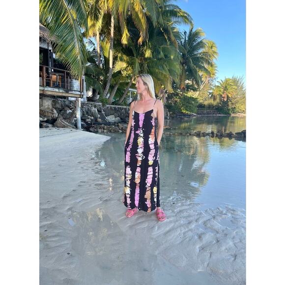 Busayo Collective Black Purple Tie-Dye V-Neck Side Slit Slip Dress Size Medium - Picture 9 of 10